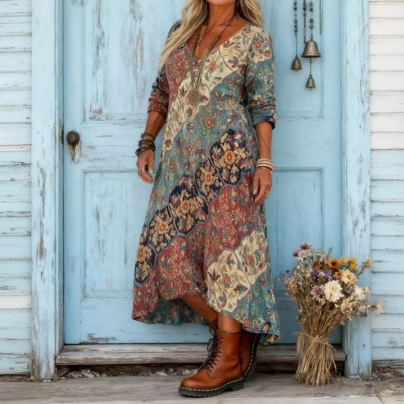 【Manches Longues】Robe À Imprimé Ethnique Vintage
