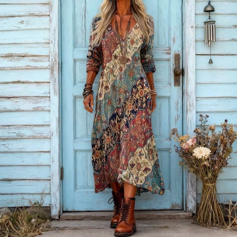 【Manches Longues】Robe À Imprimé Ethnique Vintage