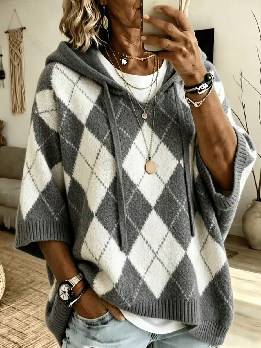 Danièle | Poncho à capuche motif losanges
