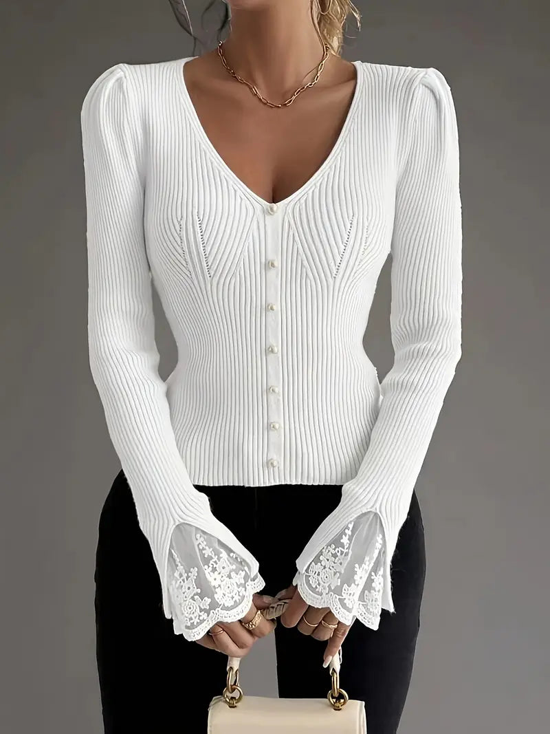 Pull à Côtes avec Décolleté en V et Manches en Dentelle