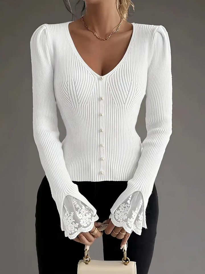 Pull à Côtes avec Décolleté en V et Manches en Dentelle