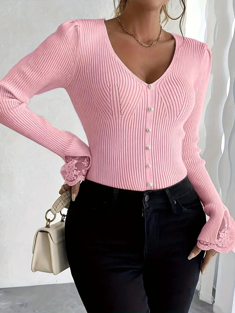 Pull à Côtes avec Décolleté en V et Manches en Dentelle