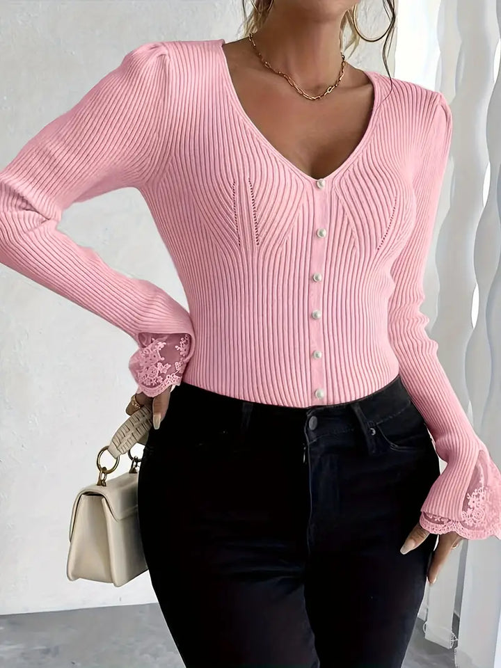Pull à Côtes avec Décolleté en V et Manches en Dentelle