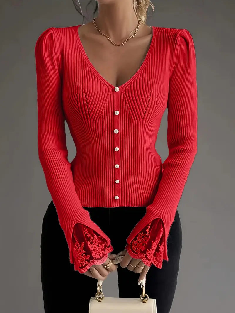 Pull à Côtes avec Décolleté en V et Manches en Dentelle