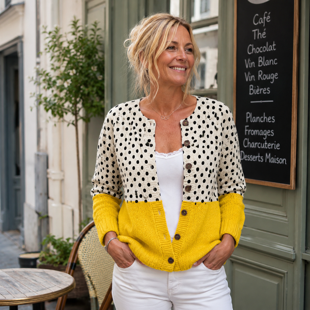 Mireille | Cardigan à pois et bloc bicolore