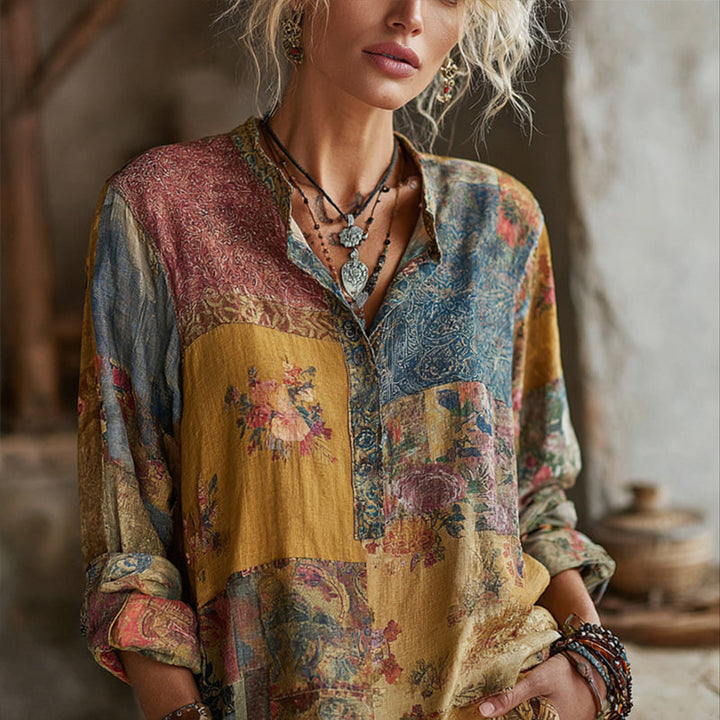 【Manches Longues】Blouse À Imprimé Floral Vintage