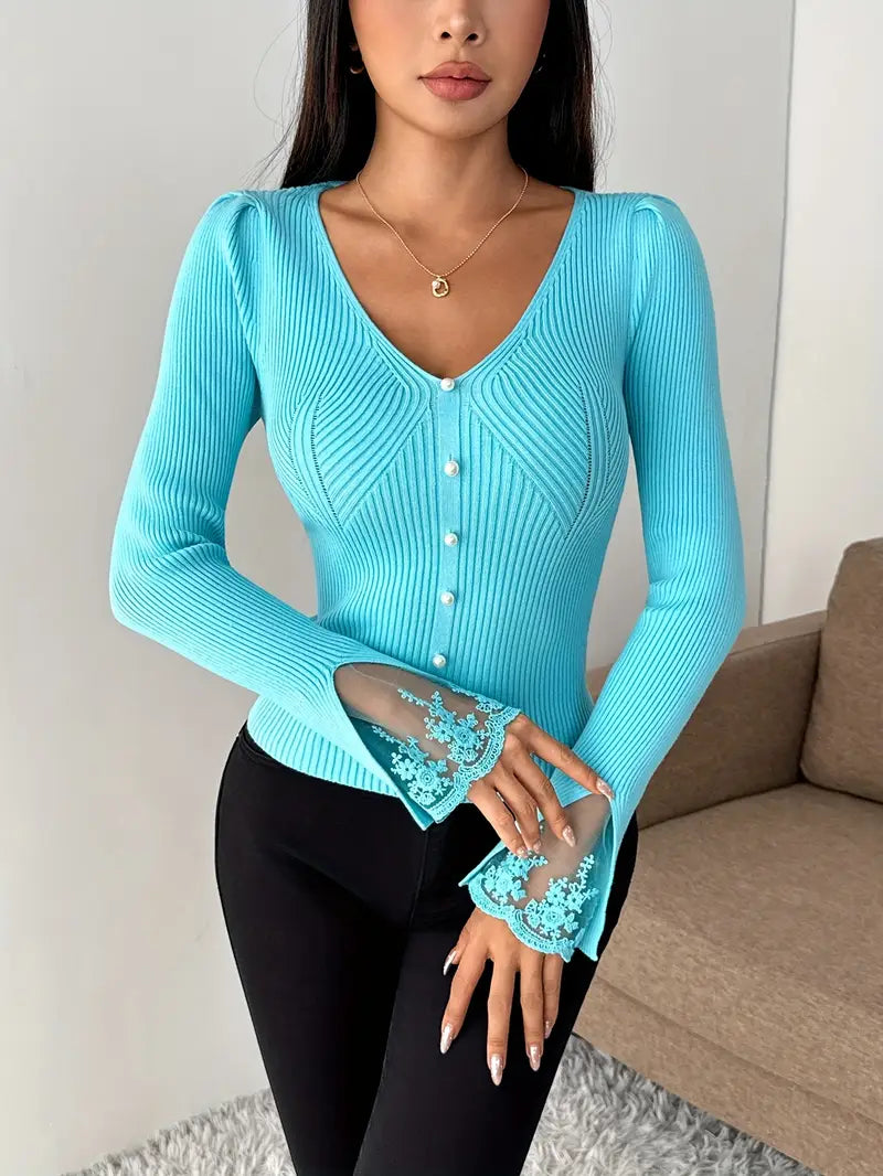 Pull à Côtes avec Décolleté en V et Manches en Dentelle