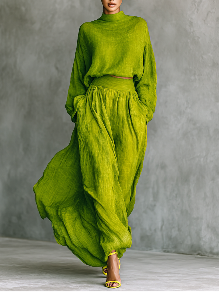 Ensemble deux pièces en lin de luxe à taille haute et coupe fluide