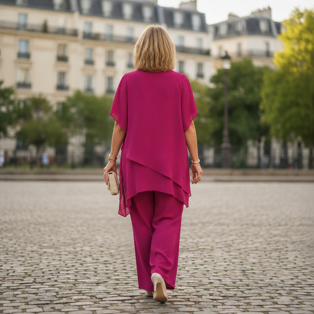 Françoise | Ensemble pantalon marine à top fluide asymétrique