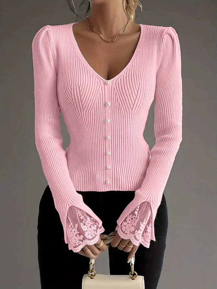 Pull à Côtes avec Décolleté en V et Manches en Dentelle