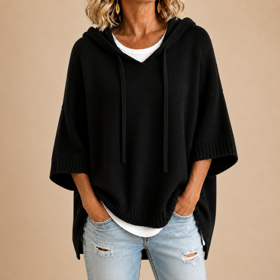 Renée | Pull poncho à capuche et manches courtes