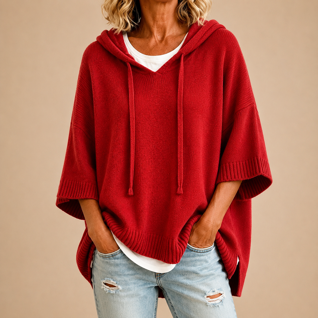 Renée | Pull poncho à capuche et manches courtes