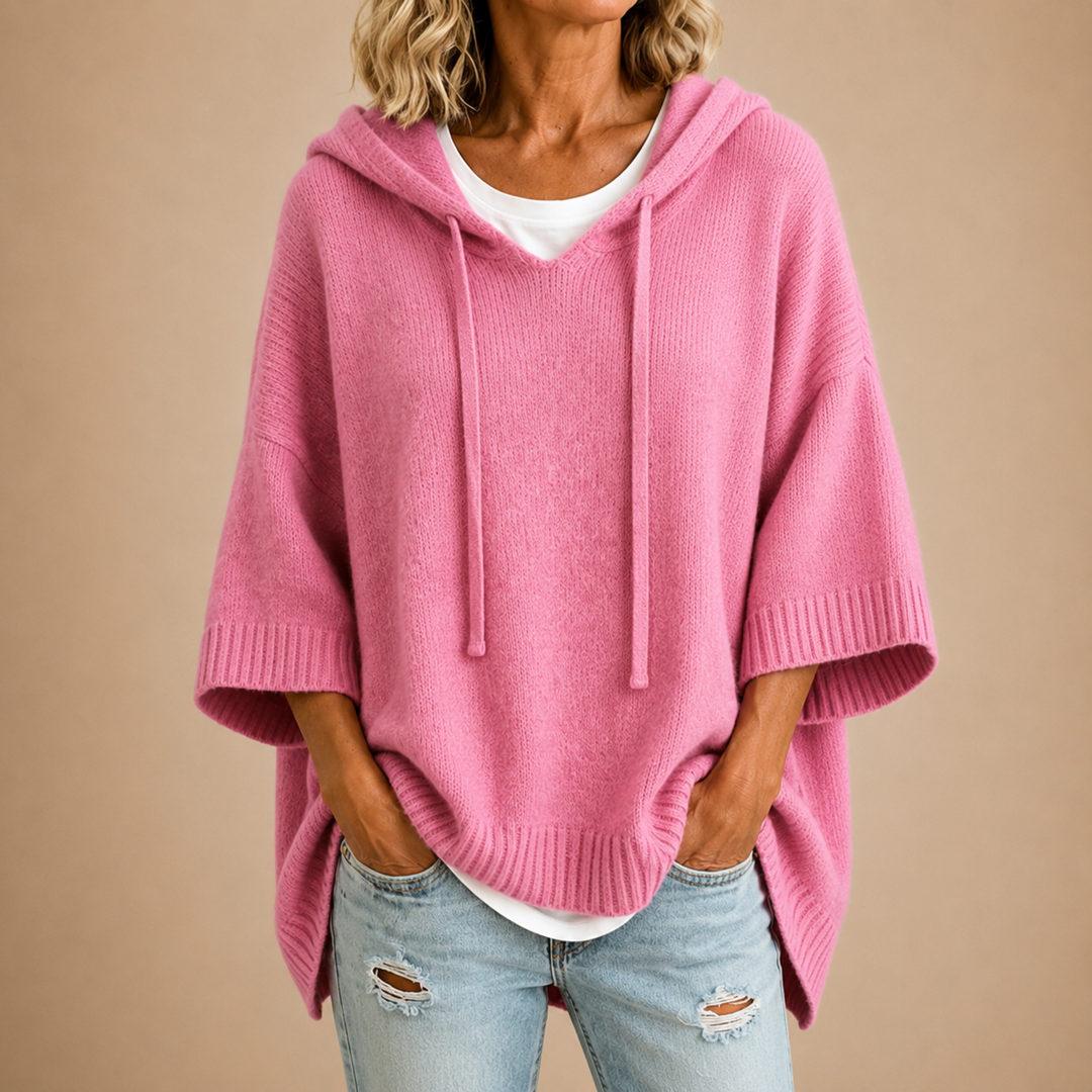 Renée | Pull poncho à capuche et manches courtes