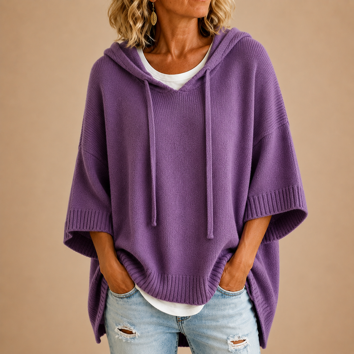 Renée | Pull poncho à capuche et manches courtes