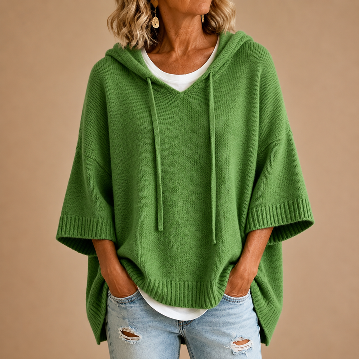 Renée | Pull poncho à capuche et manches courtes