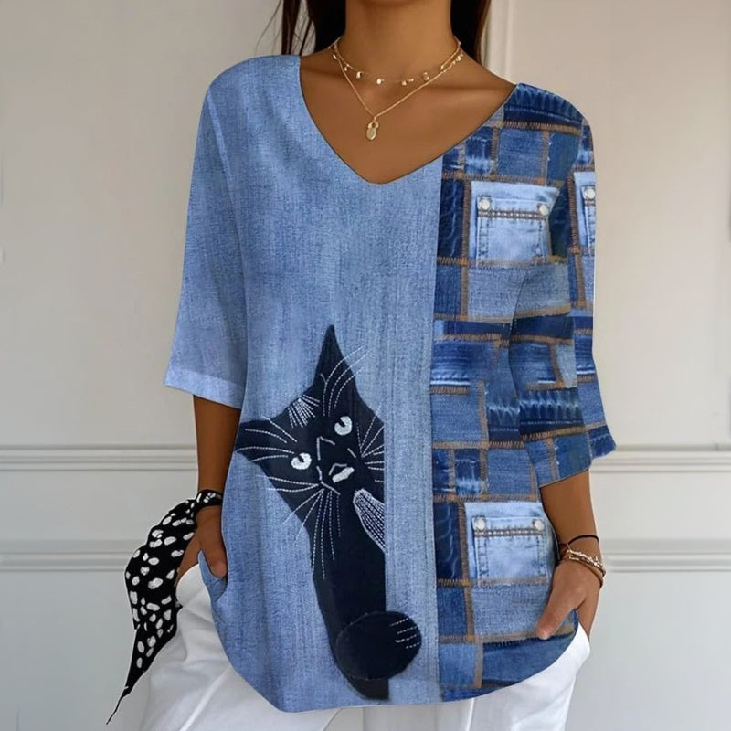 Blouse Vintage À Imprimé Chat