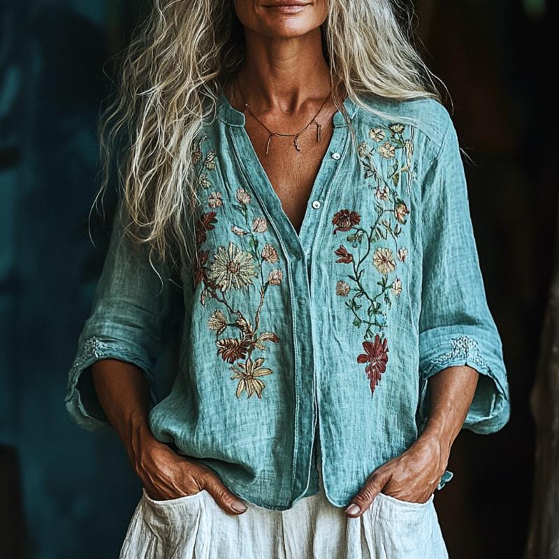 【Manches Longues】Chemisier À Imprimé Floral Vintage