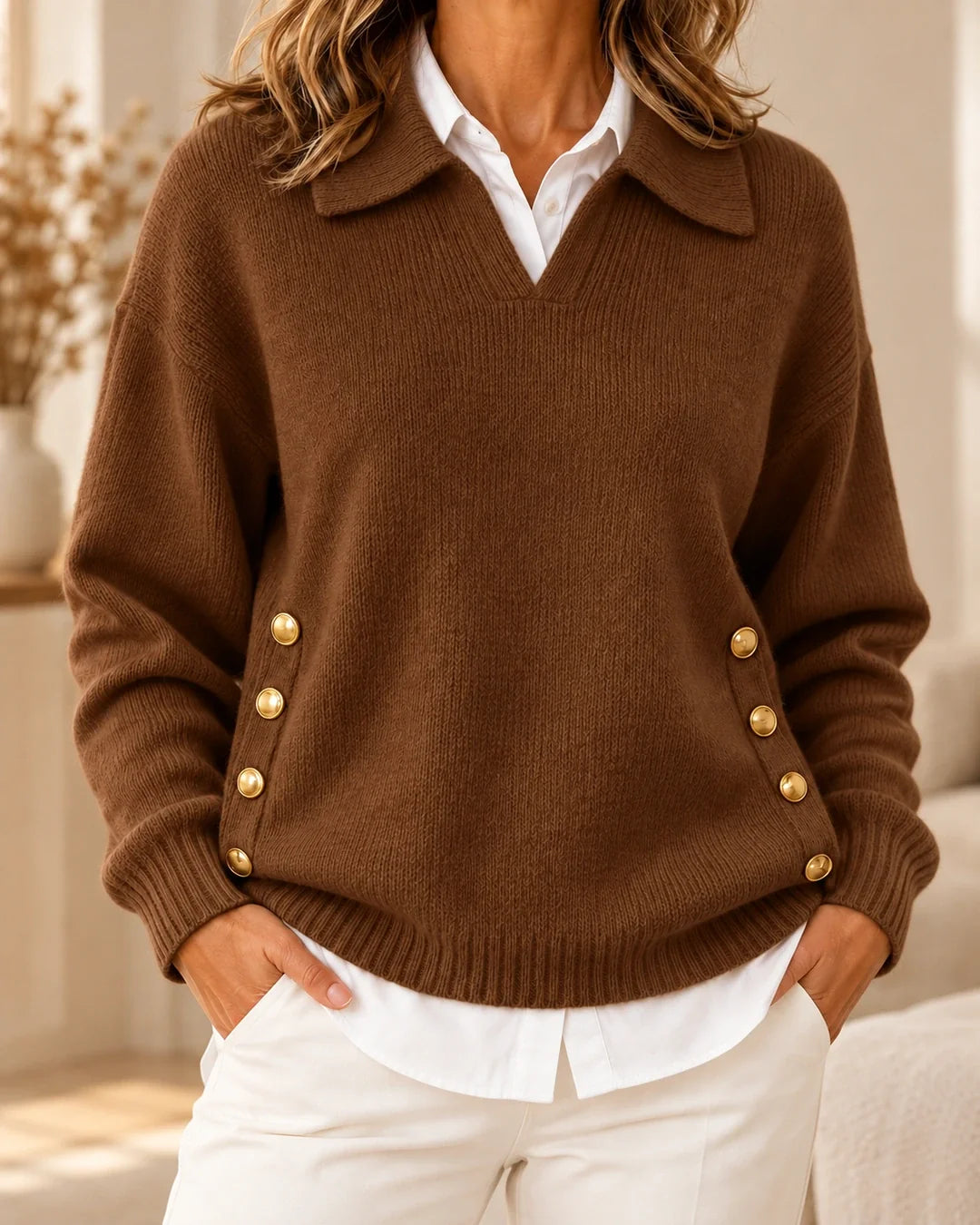 Carine | Pull col polo à boutons dorés latéraux