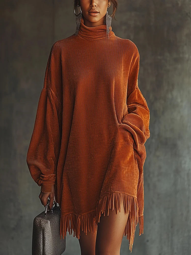Robe oversize en velours côtelé avec franges