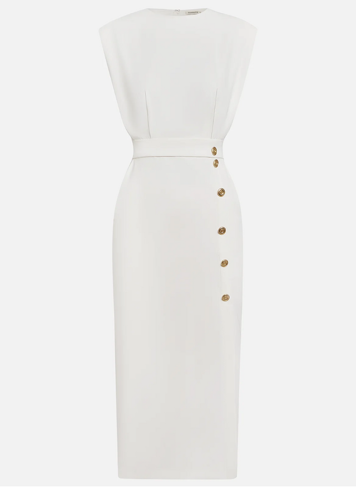 Sophie™ | Robe midi ajustée avec boutons dorés