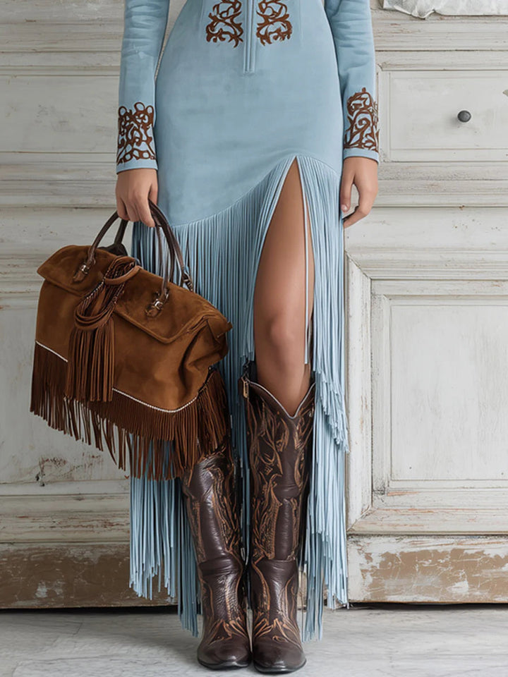 Robe maxi effet suède à franges