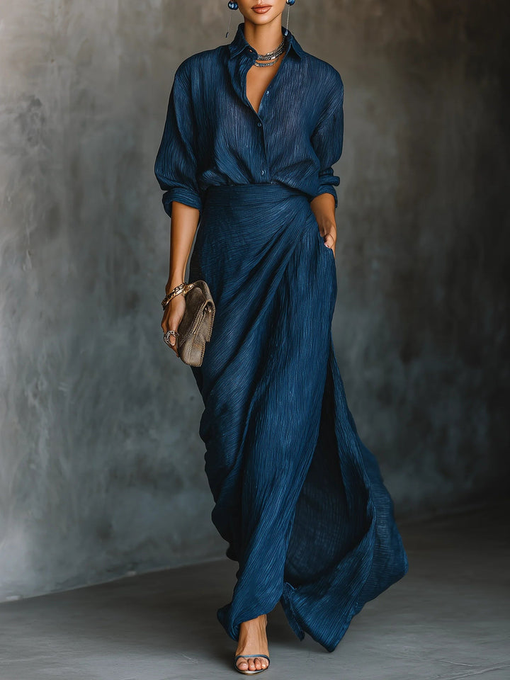 Élégance en Mouvement – Ensemble Satin Blouse & Jupe
