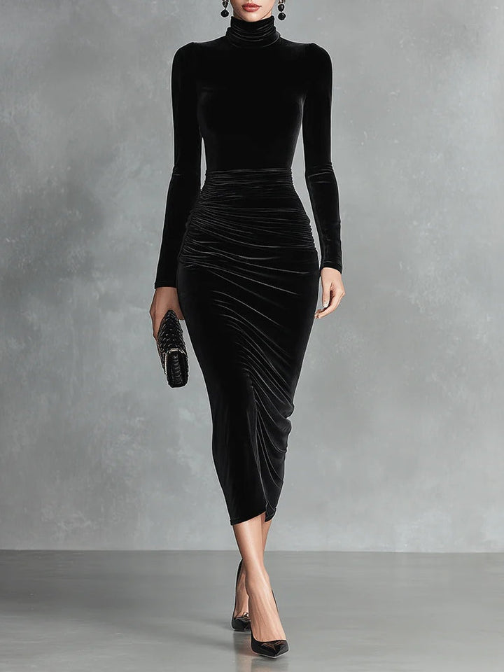 Robe Midi en Velours Noir Élégance – Luxe Intemporel