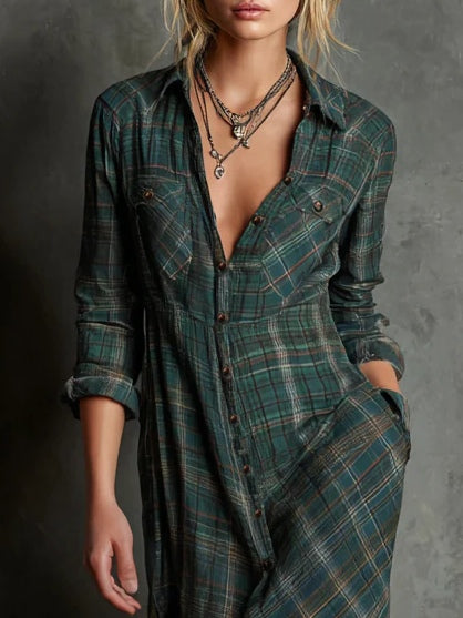 Robe chemise longue à revers à carreaux