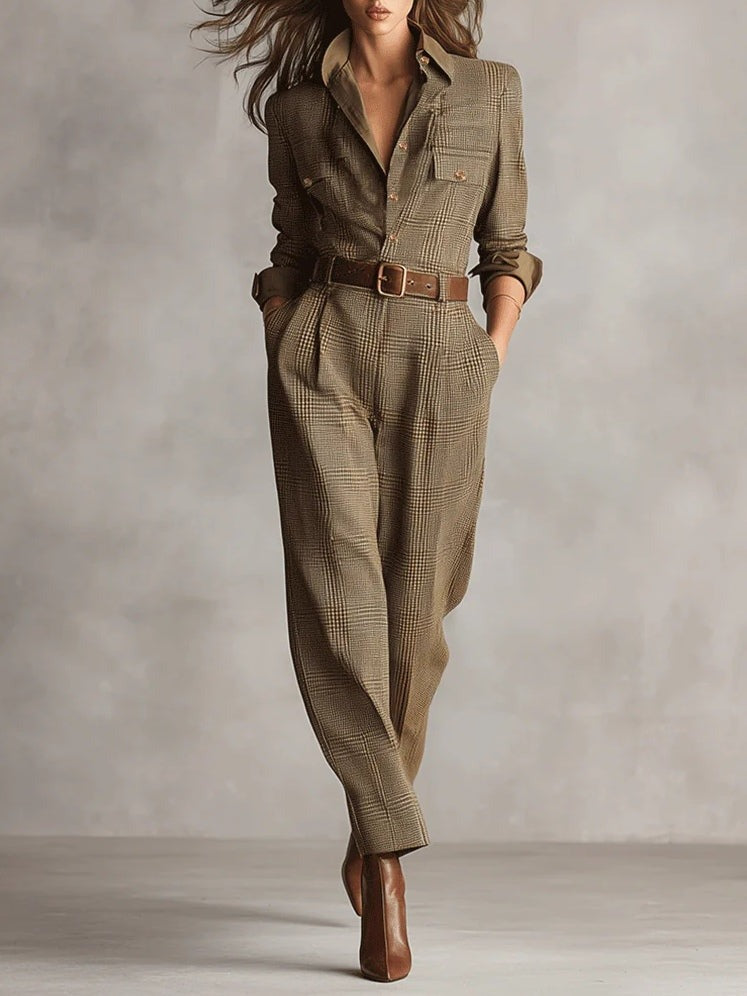 Combinaison à carreaux en tweed marron