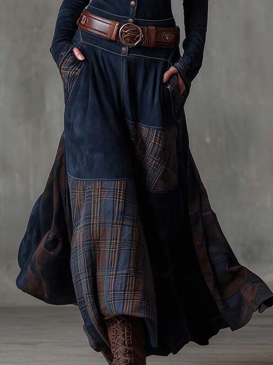 Robe Maxi Vintage en Daim avec Panneaux à Carreaux