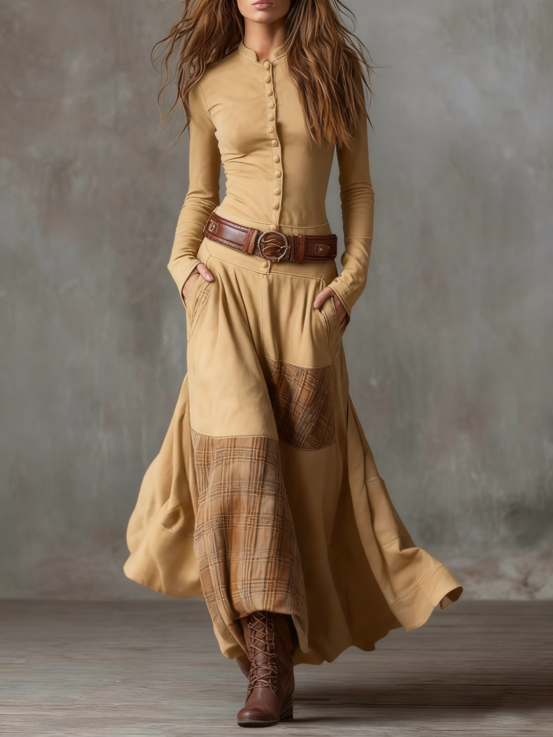 Robe Maxi Vintage en Daim avec Panneaux à Carreaux