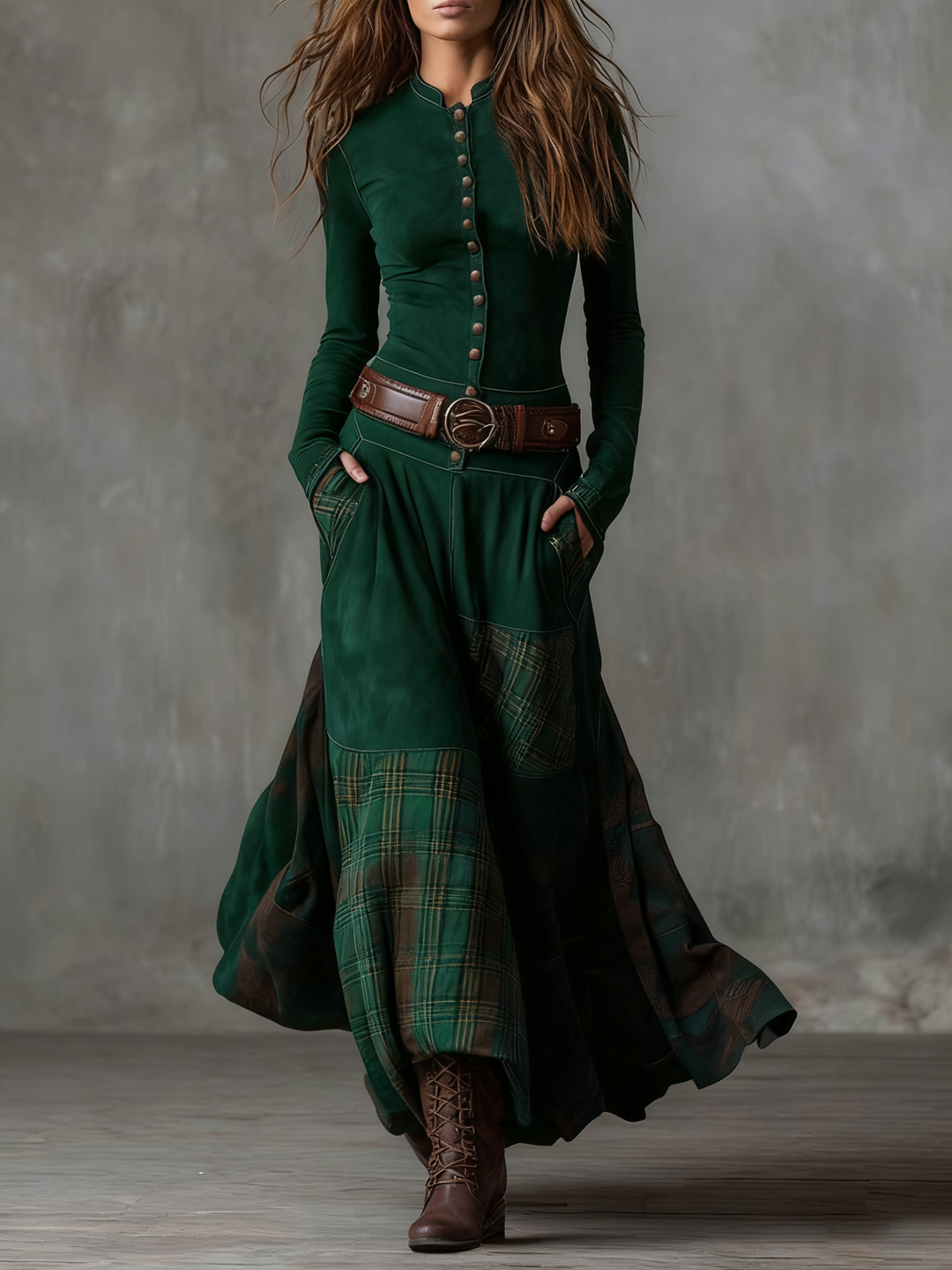 Robe Maxi Vintage en Daim avec Panneaux à Carreaux