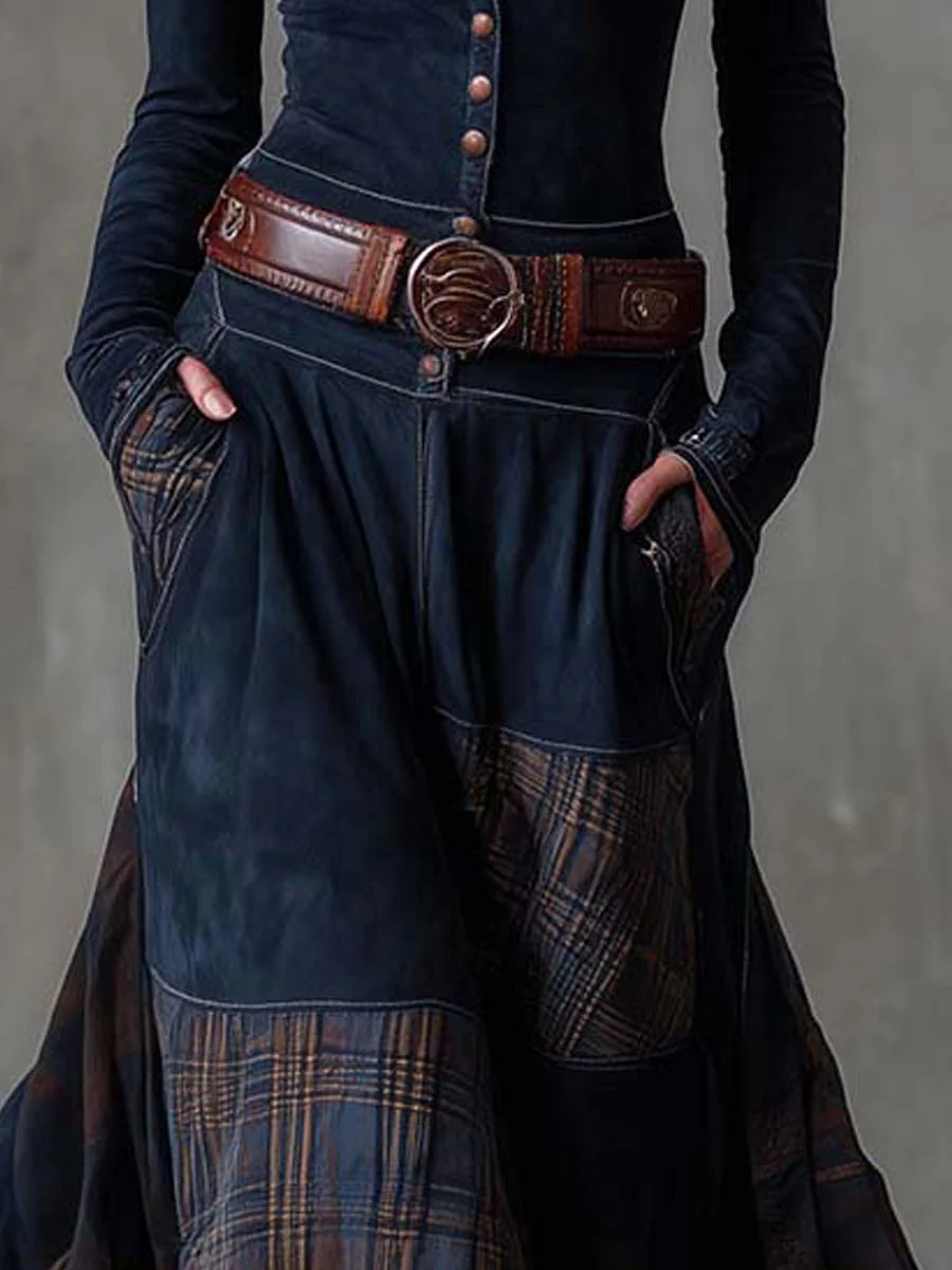 Robe Maxi Vintage en Daim avec Panneaux à Carreaux