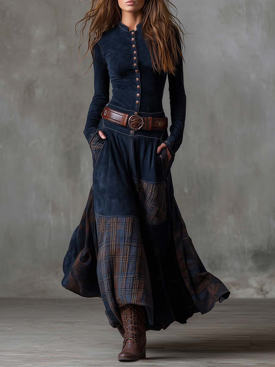 Robe Maxi Vintage en Daim avec Panneaux à Carreaux