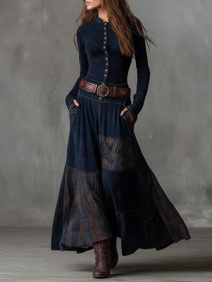 Robe Maxi Vintage en Daim avec Panneaux à Carreaux