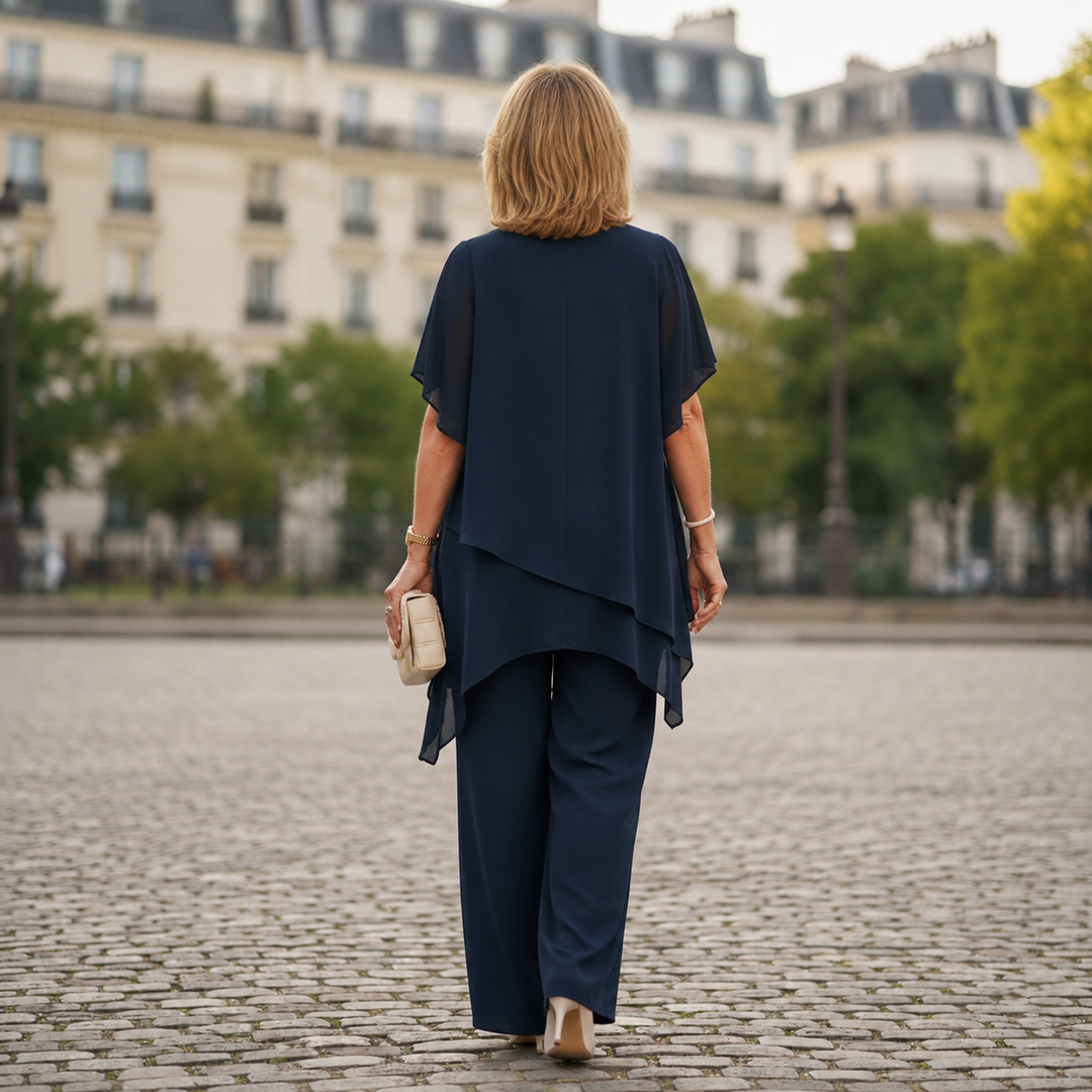 Françoise | Ensemble pantalon marine à top fluide asymétrique