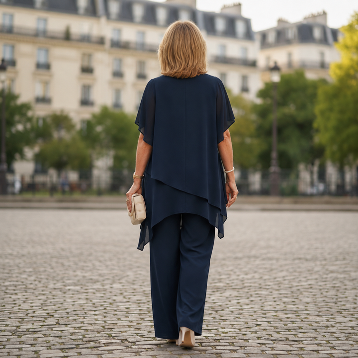 Françoise | Ensemble pantalon marine à top fluide asymétrique