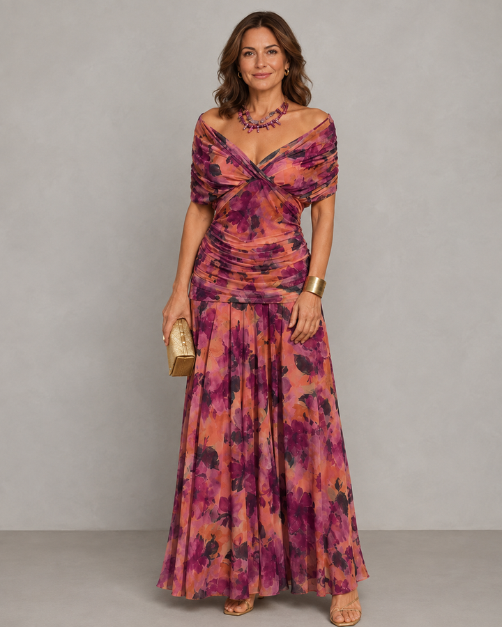 Béatrice | Robe longue fleurie à épaules dénudées