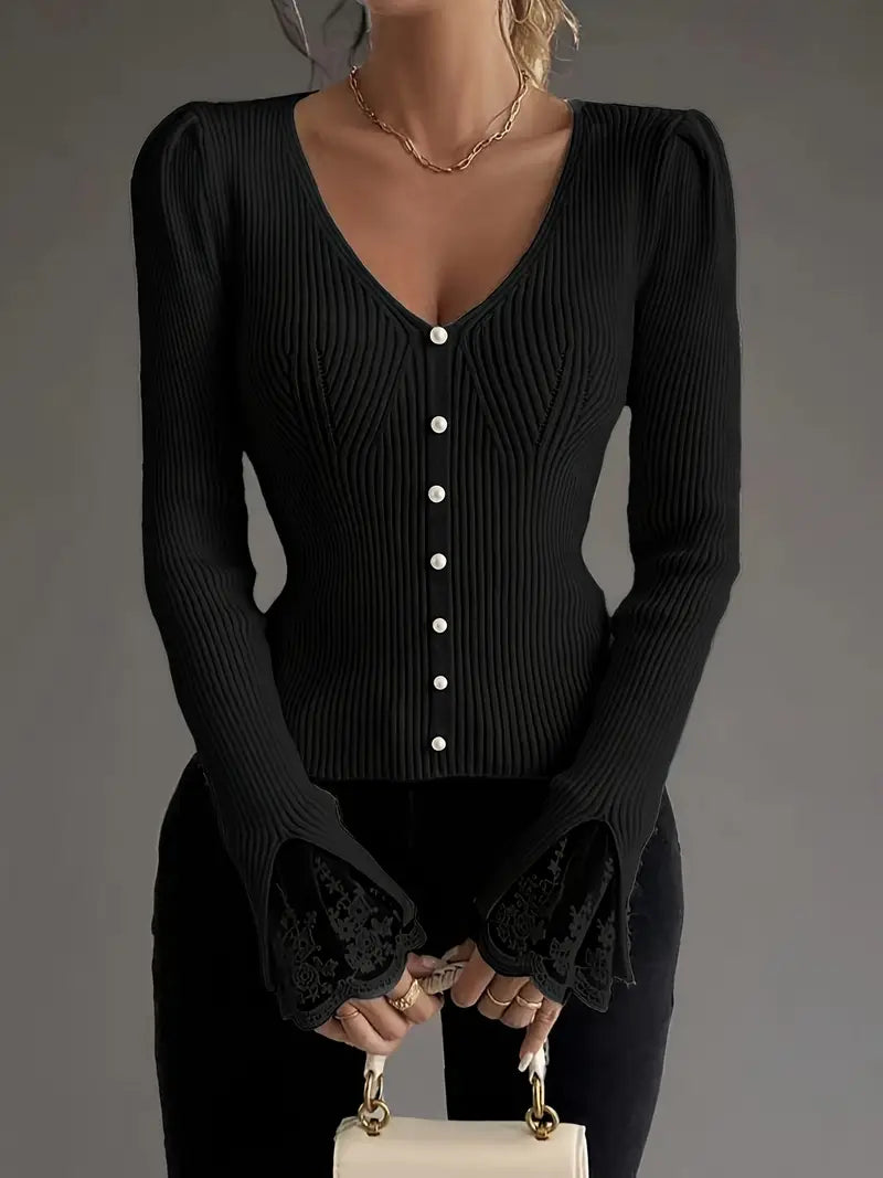 Pull à Côtes avec Décolleté en V et Manches en Dentelle