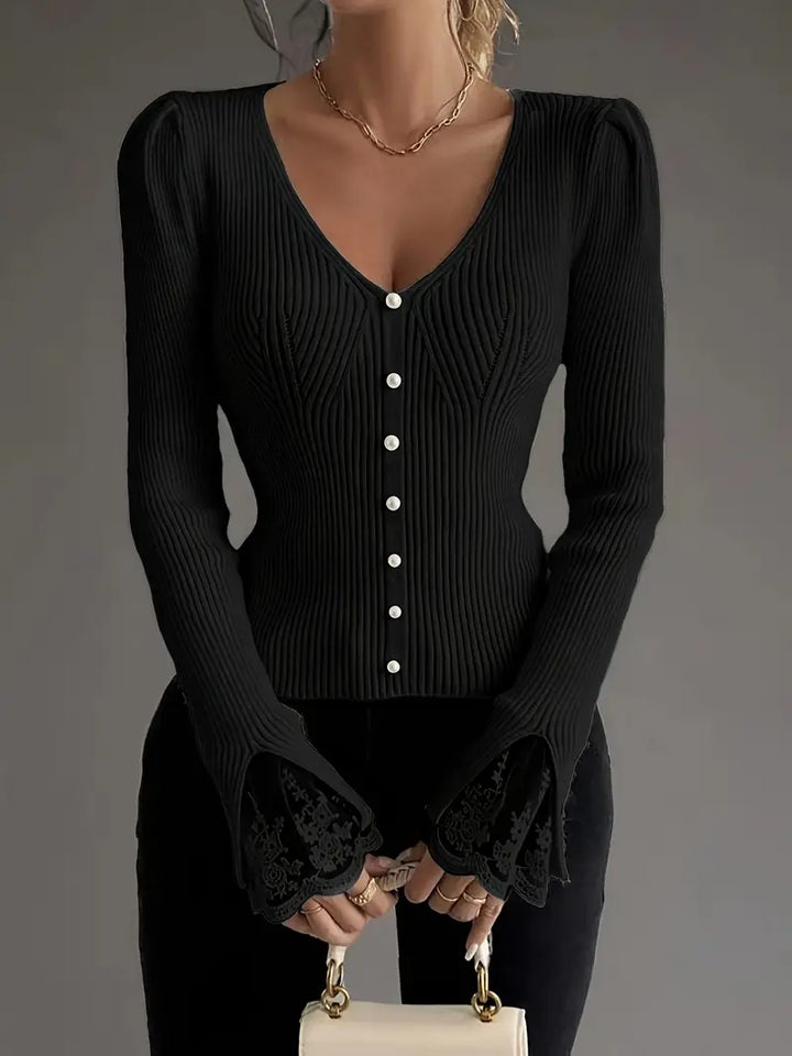 Pull à Côtes avec Décolleté en V et Manches en Dentelle