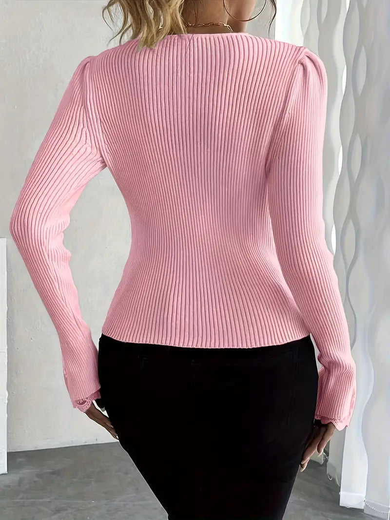 Pull à Côtes avec Décolleté en V et Manches en Dentelle