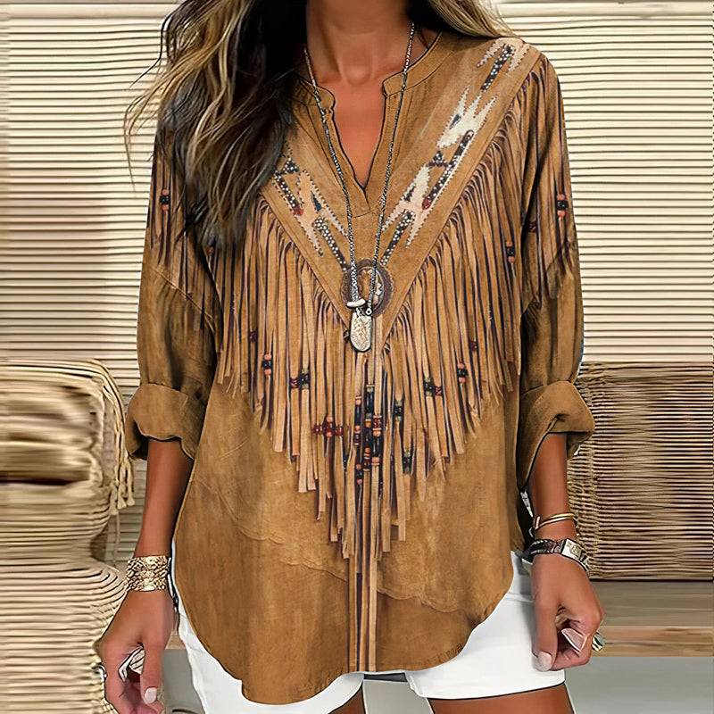 【Manches Longues】Blouse À Imprimé Ethnique Vintage
