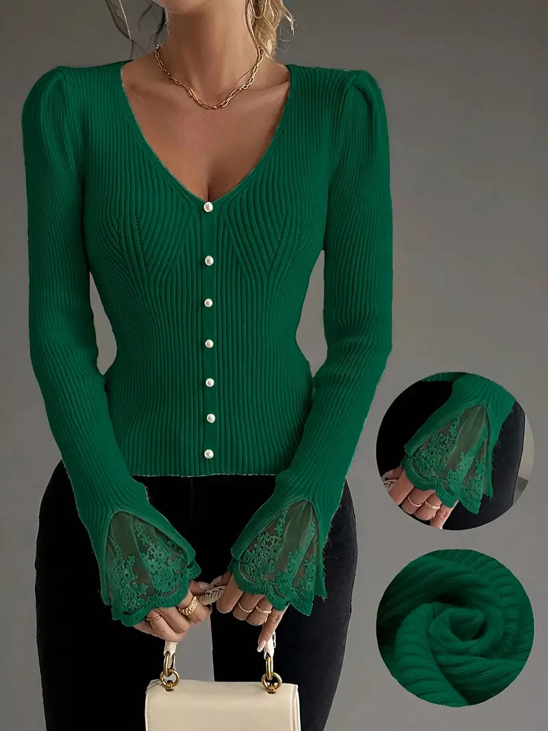 Pull à Côtes avec Décolleté en V et Manches en Dentelle