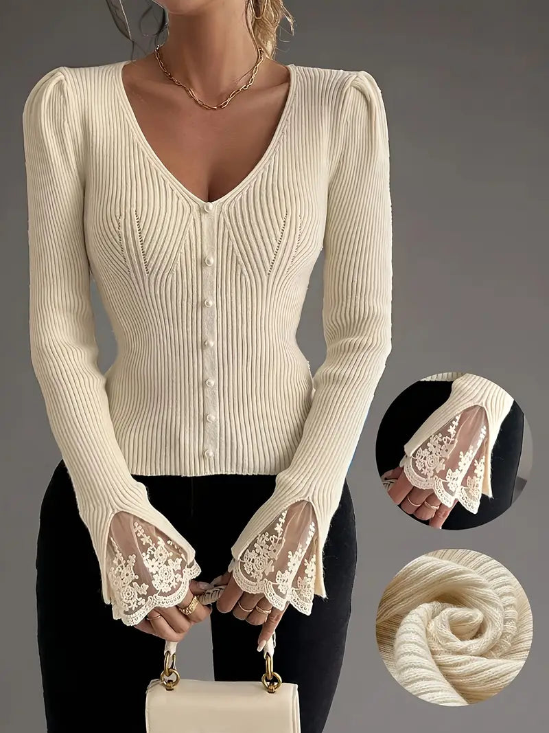 Pull à Côtes avec Décolleté en V et Manches en Dentelle