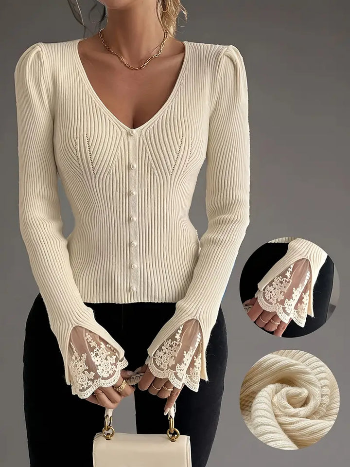 Pull à Côtes avec Décolleté en V et Manches en Dentelle