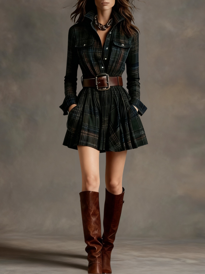 Robe mini vintage à carreaux avec taille marquée - ceinture incluse