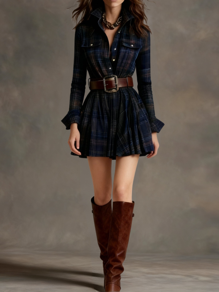 Robe mini vintage à carreaux avec taille marquée - ceinture incluse