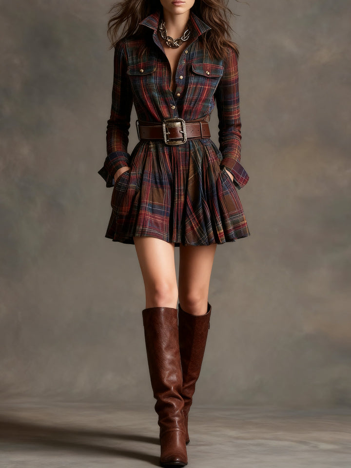 Robe mini vintage à carreaux avec taille marquée - ceinture incluse