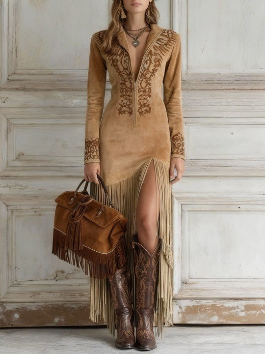 Robe maxi effet suède à franges