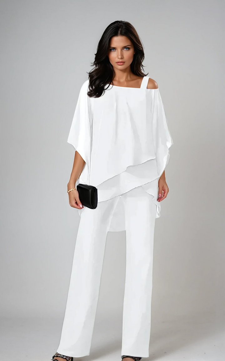 Nathalie | Ensemble pantalon blanc à top asymétrique